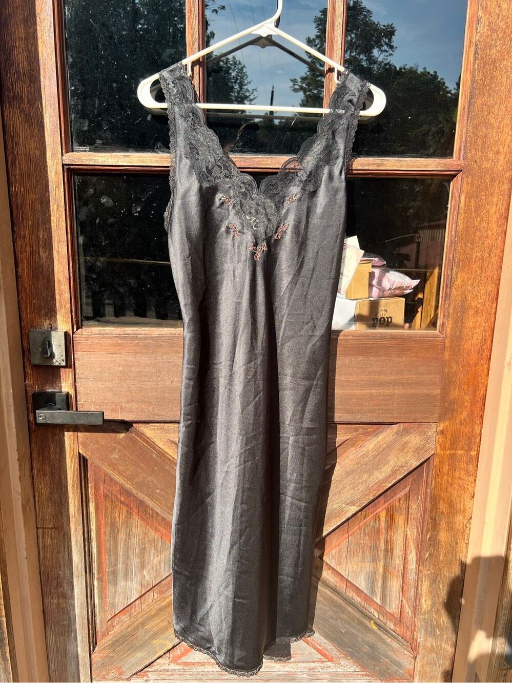 Vintage 90s Barbizon Black Satin Slip Dress Nightgown Lace & Floral detail S NWT